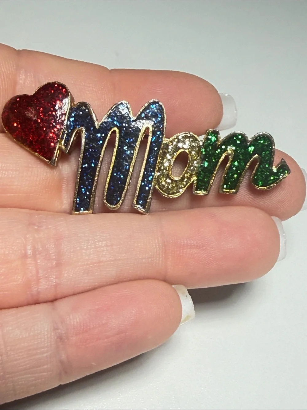 Mom Brooch Glitter Enamel Heart Multicolor Pin 2 inches